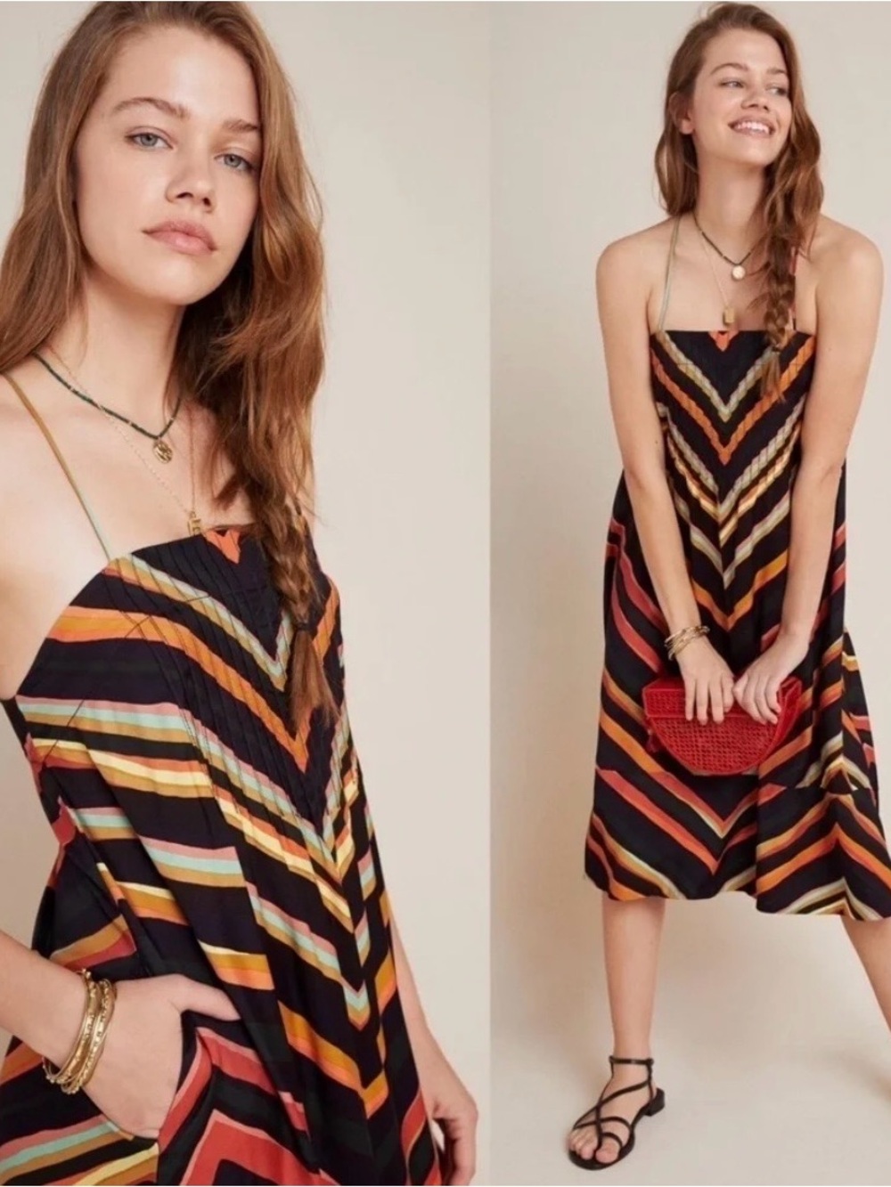 Anthropologie Black Strappy Chevron Midi Dress with Orange and Yellow Accents